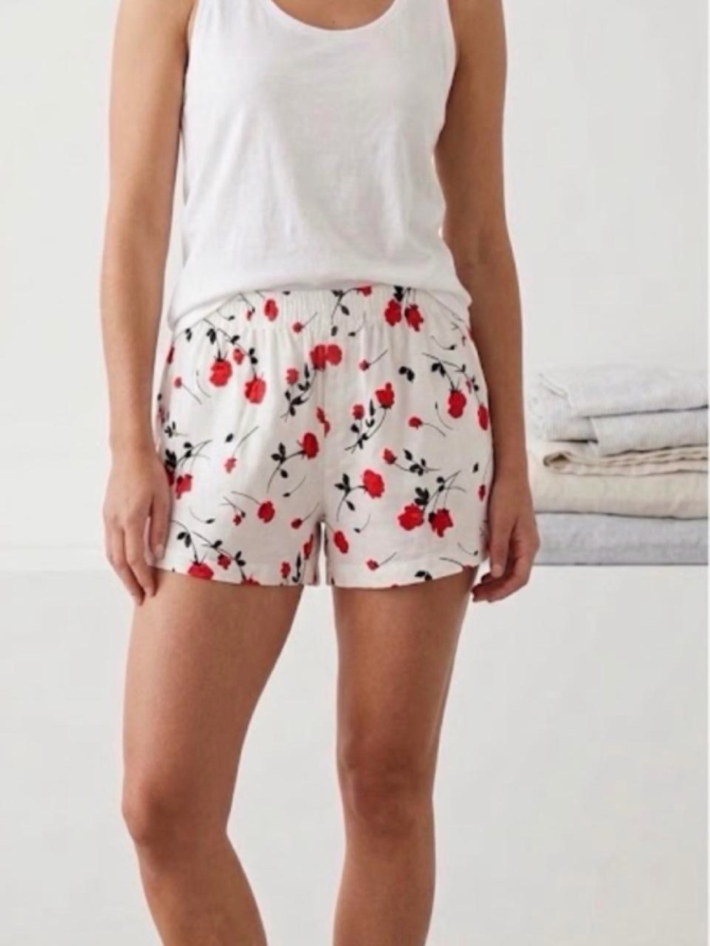 Women's Floral Shorts - White with Red Floral